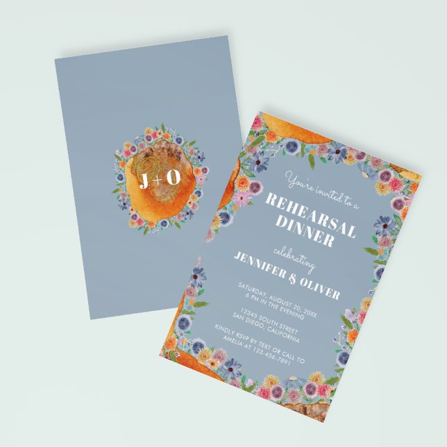 Blue Wildflower Garden Boho Chic Rehearsal Dinner Invitation (Front/Back)