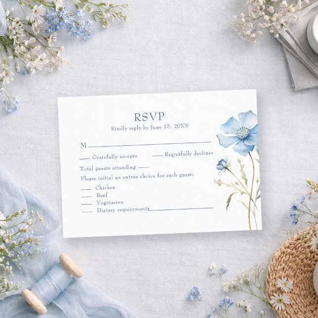 Blue Wildflower Garden Wedding RSVP Card (Blue Wildflower Garden Wedding RSVP Card on a romantic table with tiny dusty blue wildflowers)