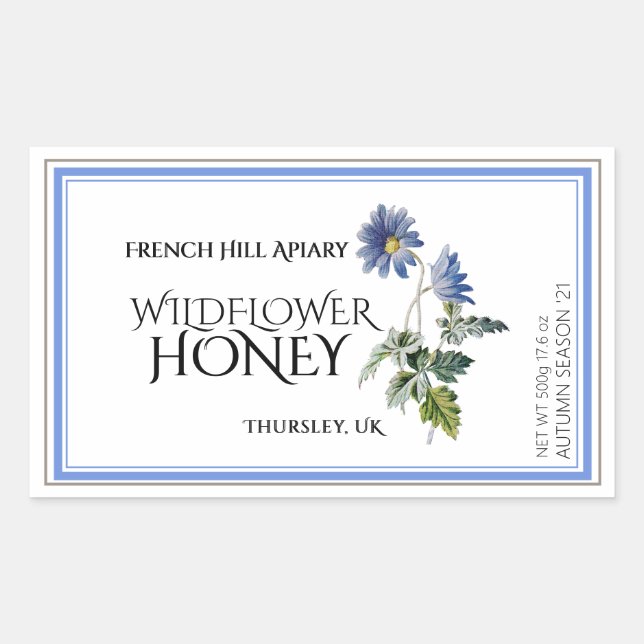 Blue Wildflower Honey Label (Date Harvested) Aster (Front)