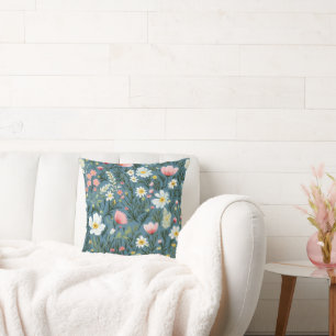 Blue Wildflower Meadow Cottagecore Floral Pattern Cushion