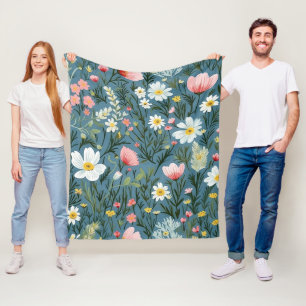 Blue Wildflower Meadow Cottagecore Floral Pattern Fleece Blanket