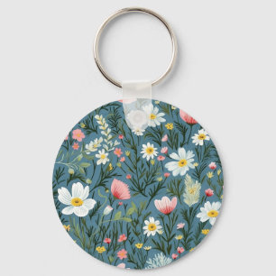 Blue Wildflower Meadow Cottagecore Floral Pattern Key Ring