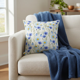 Blue Wildflower Meadow Pattern Cushion