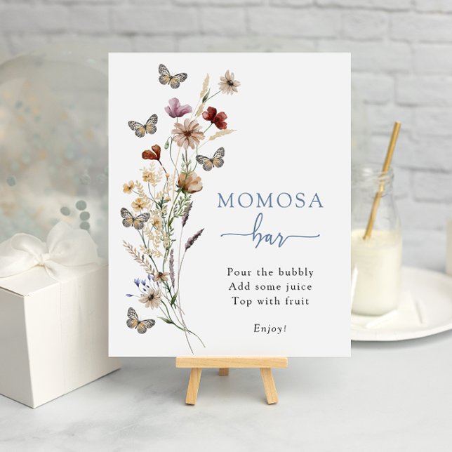 Blue Wildflower Momosa Bar Poster (Dusty Blue Wildflower Mimosa Bar Poster with Butterflies by Painted Paperie
)
