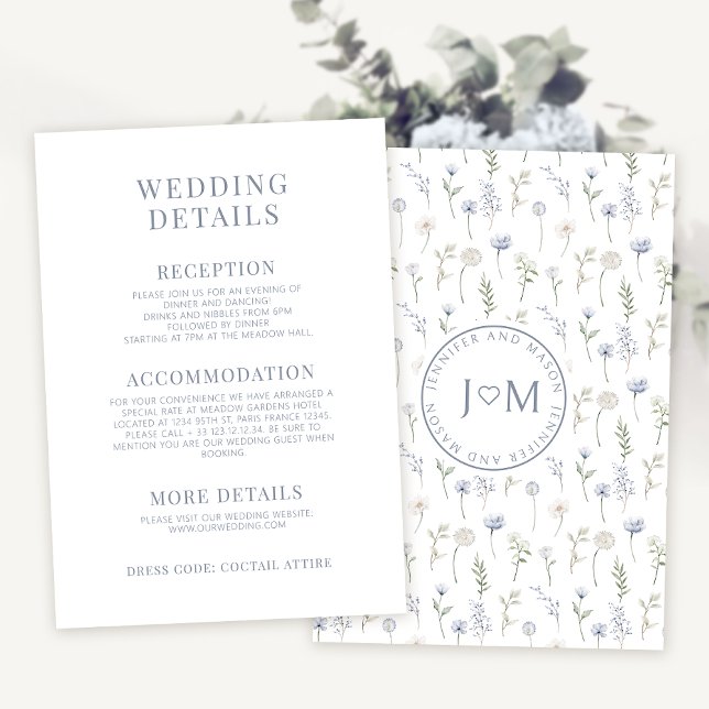 Blue wildflower monogram wedding details card (Creator Uploaded)