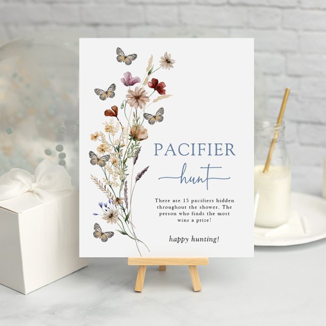 Blue Wildflower Pacifier Poster (Dusty Blue Wildflower Pacifier Hunt Game Poster with Butterflies by Painted Paperie
)