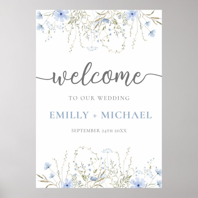 Blue Wildflower Periwinkle Wedding Welcome Sign (Front)