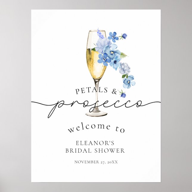 Blue Wildflower Petals & Prosecco Bridal Shower Poster (Front)