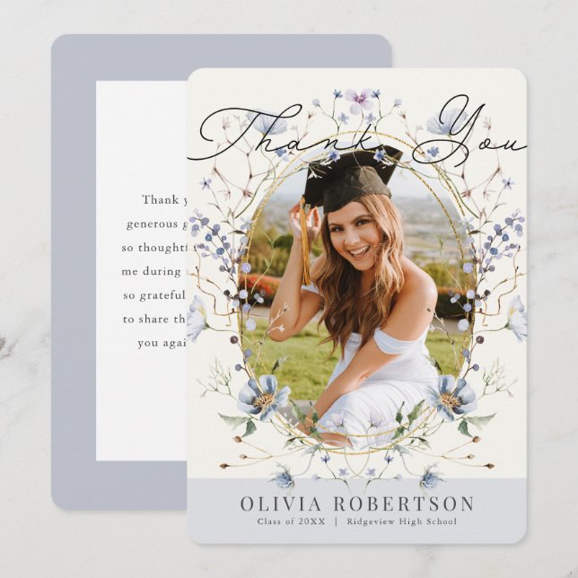 Blue Wildflower Photo Graduation Thank You Card (Front/Back)