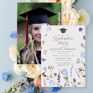 Blue Wildflower Photo High School Graduation Party Invitation