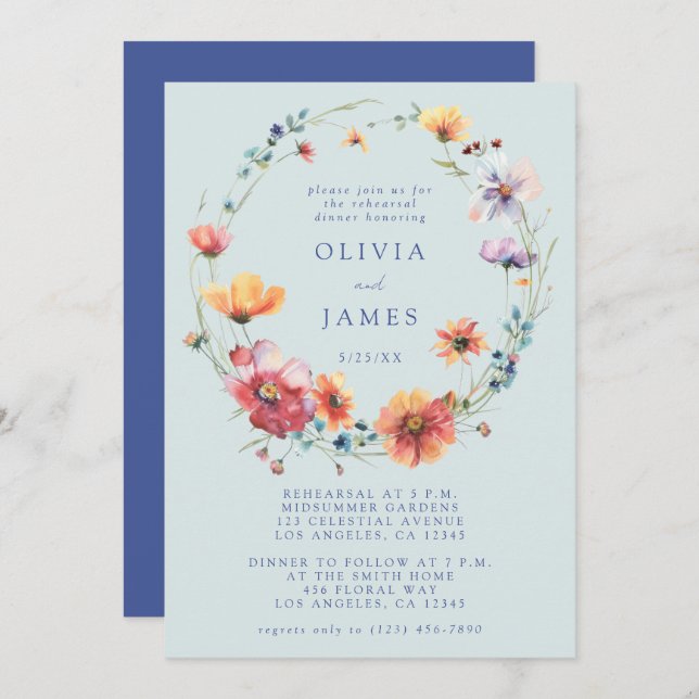 Blue Wildflower Rehearsal Dinner Invitation (Front/Back)