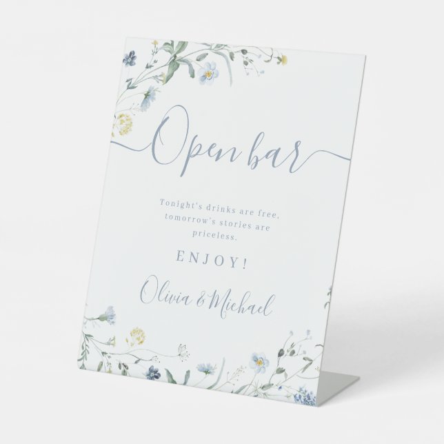Blue Wildflower script rustic Wedding Open Bar Pedestal Sign (Front)