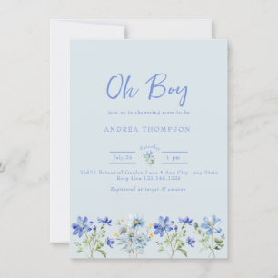 Blue Wildflower   Watercolor Baby Boy Shower Invitation