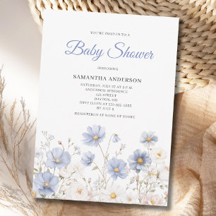 Blue Wildflower Watercolor Boy Baby Shower Invitation