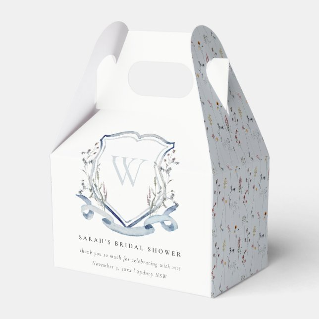 Blue Wildflower Watercolor Crest Bridal Shower Favour Box (Front Side)