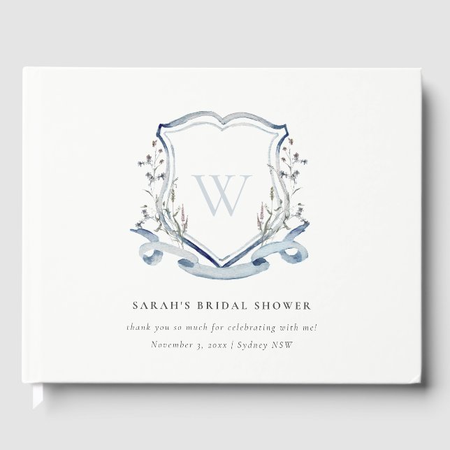 Blue Wildflower Watercolor Crest Bridal Shower Guest Book (Front)