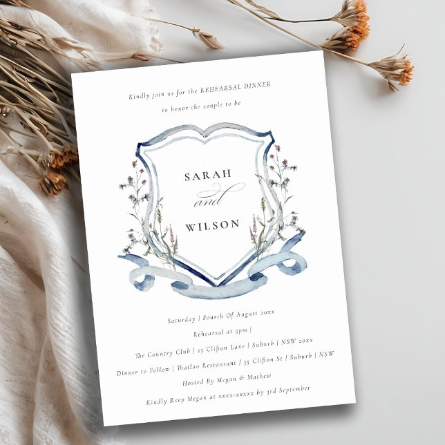 Blue Wildflower Watercolor Crest Rehearsal Dinner Invitation (Creator Uploaded)