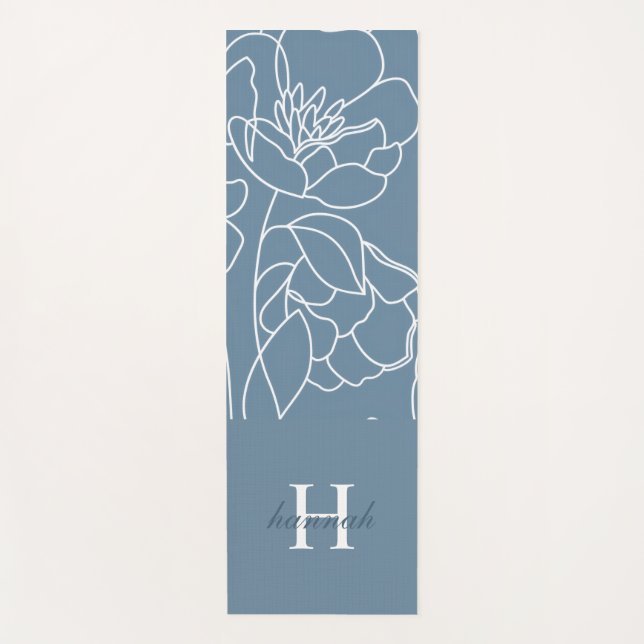 Blue Wildflower Watercolor Custom Monogram Name Yoga Mat (Front)