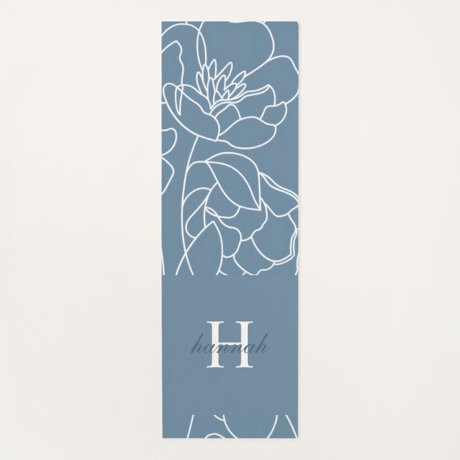 Blue Wildflower Watercolor Custom Monogram Name Yoga Mat (Front)