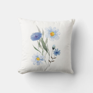 Blue Wildflower Watercolor Floral Botanical Bouque Cushion