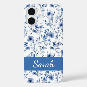 Blue Wildflower Watercolor Floral Pattern Name iPhone 16 Case