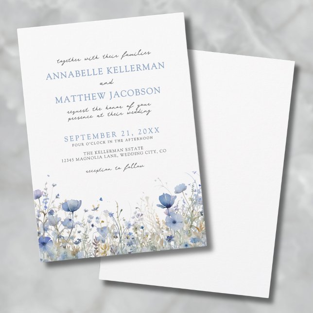 Blue Wildflower Watercolor Floral Wedding Invitation (Botanical Wildflower Watercolor Floral Wedding Invitation)