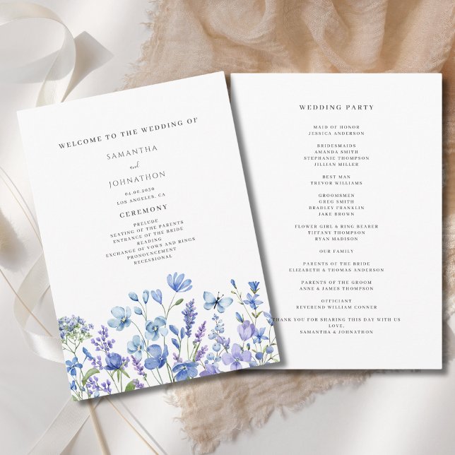 Blue Wildflower Watercolor Floral Wedding  Program (Creator Uploaded)