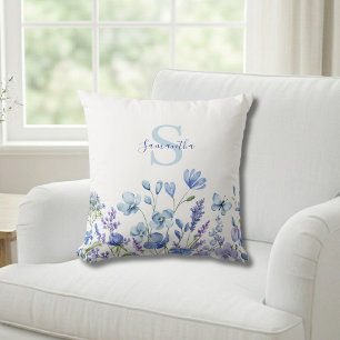 Blue Wildflower Watercolor Monogram Name Cushion