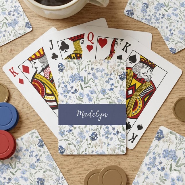Blue Wildflower Watercolor Monogram Name Playing Cards (Creator Uploaded)
