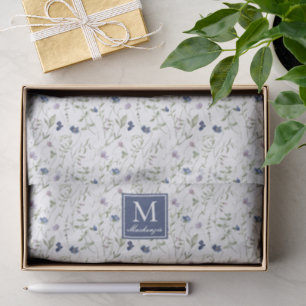 Blue Wildflower Watercolor Monogram Name Tissue Paper