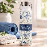Blue Wildflower Watercolor Monogram Name Water Bottle<br><div class="desc">This boho wildflower pattern with monogram name would look beautiful while you are working out,  and keep you hydrated!</div>