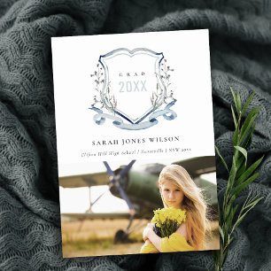 Blue Wildflower Watercolor Photo Crest Graduation Announcement