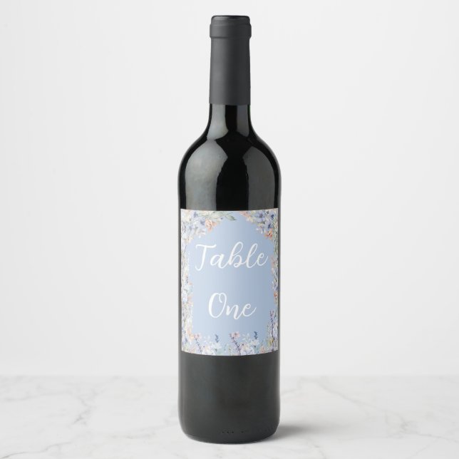 Blue Wildflower Wedding Custom Table Numbers Wine Label (Front)