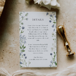 Blue Wildflower Wedding Details Card, Watercolor Enclosure Card