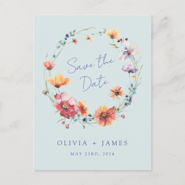 Blue Wildflower Wedding Save the Date Invitation Postcard (Front)