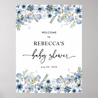 Blue Wildflowers Baby Shower Welcome Sign Posters