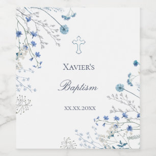 blue wildflowers Baptism Wine Label