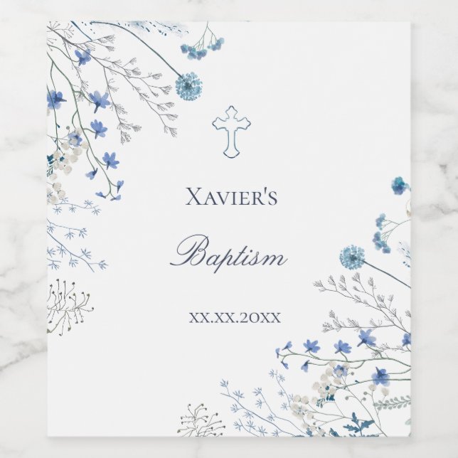 blue wildflowers Baptism Wine Label (Single Label)