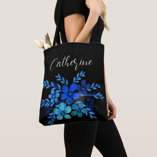 Blue wildflowers Boho Script Personalised Name Tote Bag (Close Up)