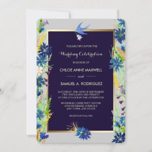 Blue Wildflowers Border Wedding Invitation