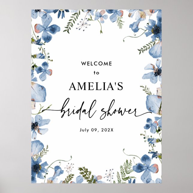 Blue Wildflowers Bridal Shower Welcome Sign Poster (Front)