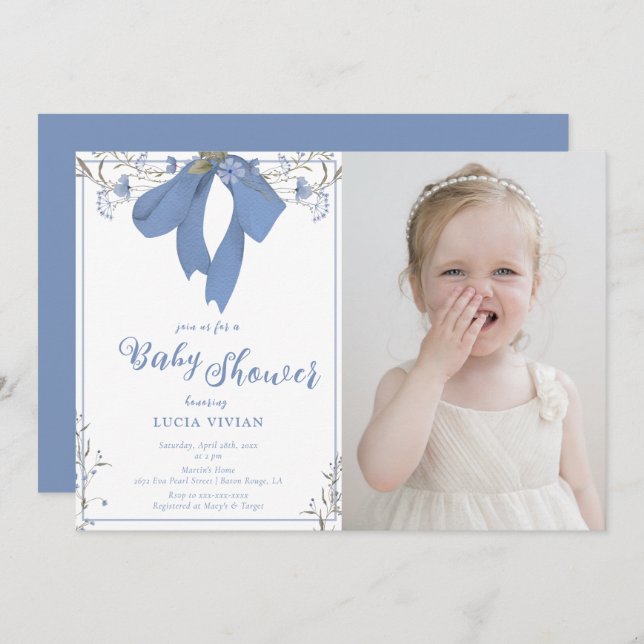 Blue Wildflowers Coquette Bow Photo Baby Shower Invitation (Front/Back)