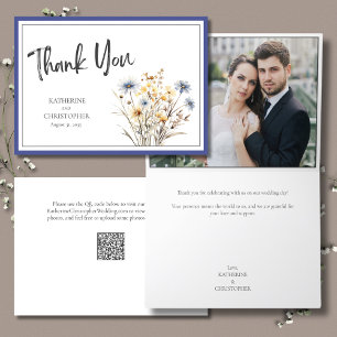 Blue Wildflowers Elegant Formal Wedding Photo Thank You Card