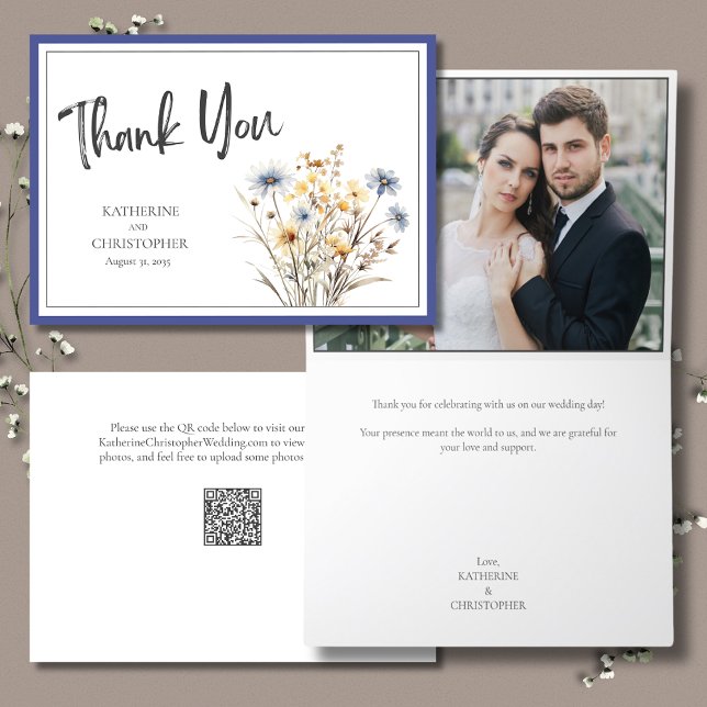 Blue Wildflowers Elegant Formal Wedding Photo Thank You Card (Blue Wildflowers Elegant Wedding Photo Thank You Card with blue, yellow, beige wildflowers, QR Code.)