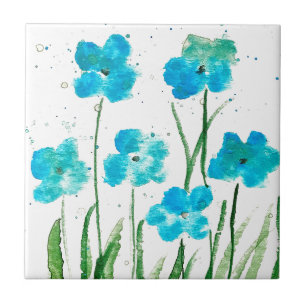 Blue Wildflowers Floral watercolor Kitchen Rustic Ceramic Tile