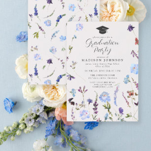 Blue Wildflowers High School Graduation Party Invitation