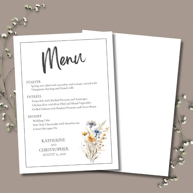 Blue Wildflowers Modern Elegant Floral Wedding Menu (Blue Wildflowers Modern Elegant Wedding Menu with blue, yellow and purple flowers and menu choices.)