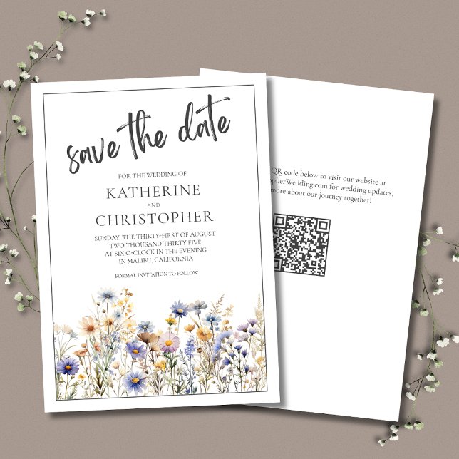 Blue Wildflowers Modern Elegant Floral Wedding Save The Date (Blue Wildflowers Wedding Save The Date card with QR Code for wedding website.)