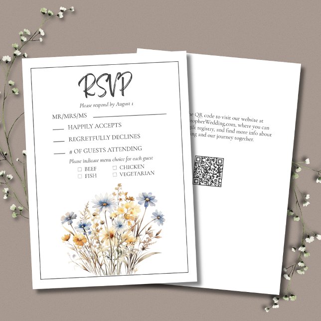 Blue Wildflowers Modern Elegant Formal Wedding RSVP Card (Blue Wildflowers Formal Elegant RSVP Card with Menu Options and QR Code.)