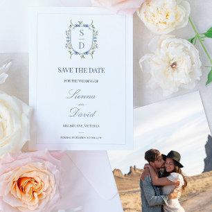 Blue Wildflowers Monogram Crest Save The Date Card